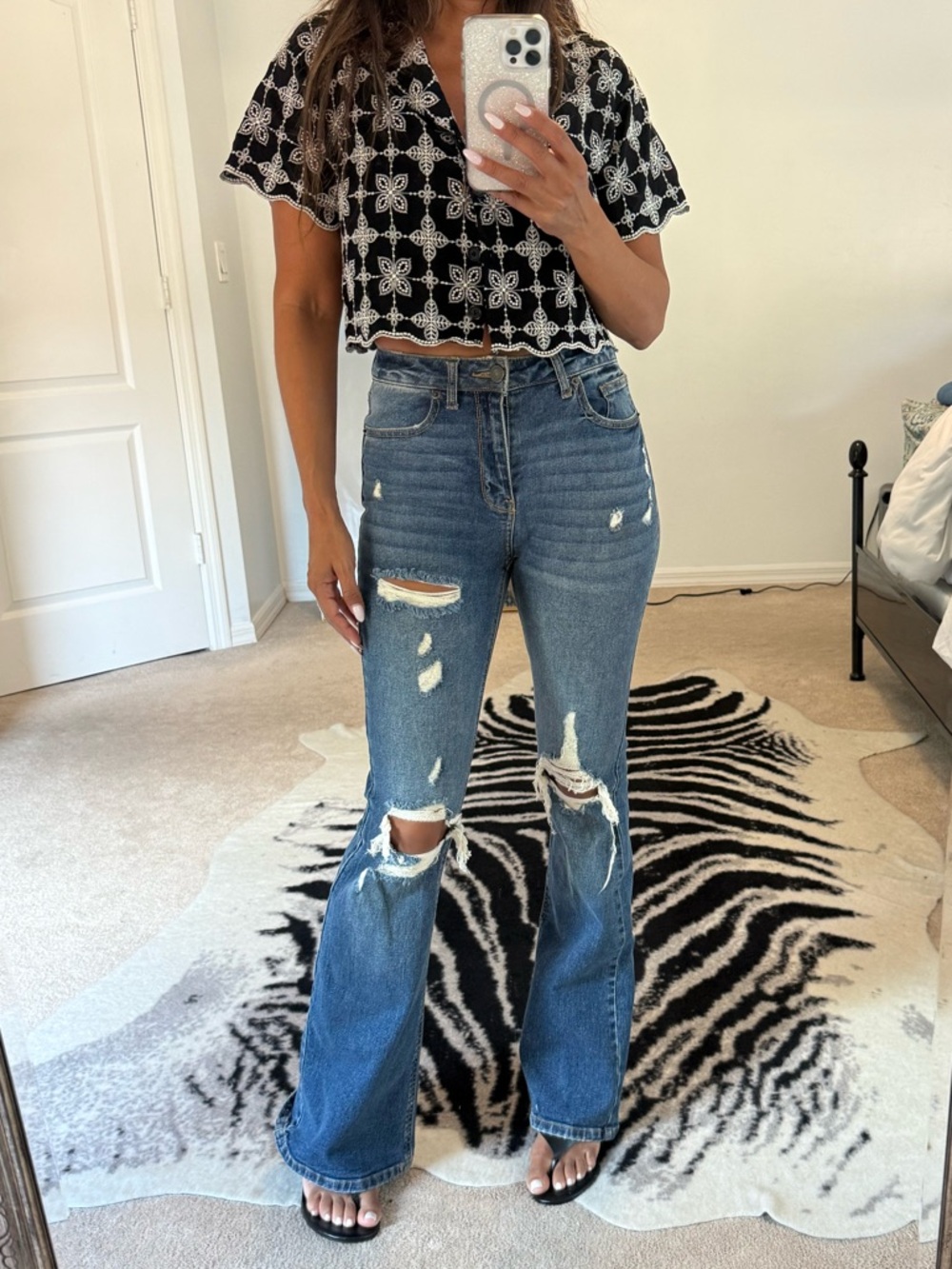 High-Rise Distressed Flare Jeans - Blue